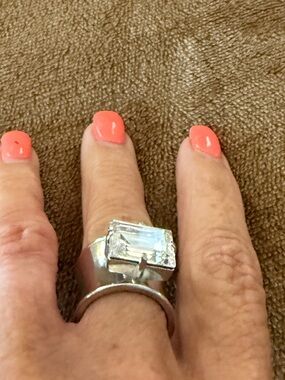Silver Statement Ring with Clear Rectangular Stone - Women Jewelry